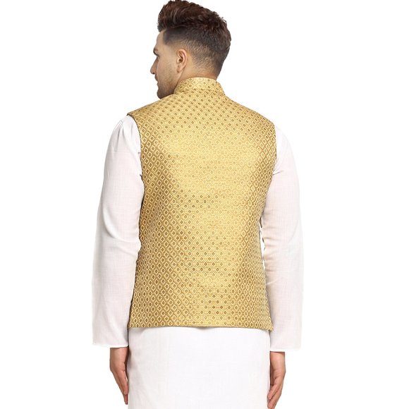 Sleeveless Traditional Brocade Silk Fabric Golden Nehru Jacket by Treemoda - Picture 3 of 5